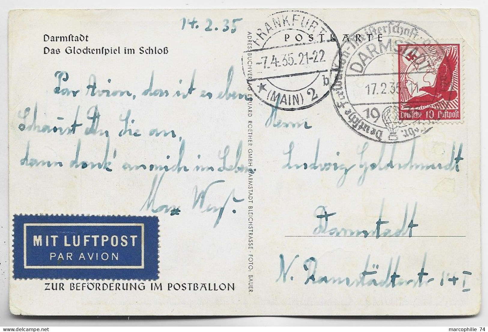 GERMANY LUFTPOST 10C SOLO KARTE AVION LUFTPOST DARMSTADT 17.2.1935 FRANKFURT - Airmail & Zeppelin