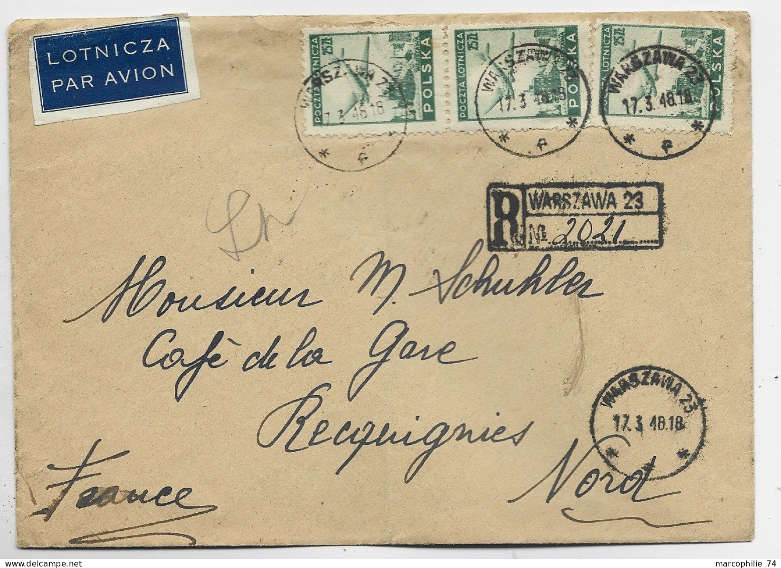 POLSKA POLAND PA 25GR X3 LETTRE COVER REC AVION WARSZAWA 17.3.1948TO FRANCE - Cartas & Documentos