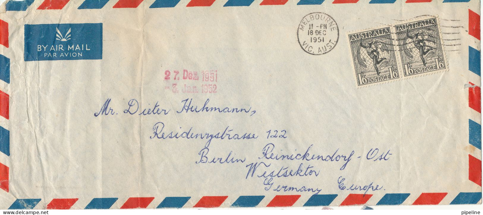 Australia Air Mail Cover Sent To Germany West Sektor Melbourne 18-12-1951 (folded Cover) - Covers & Documents