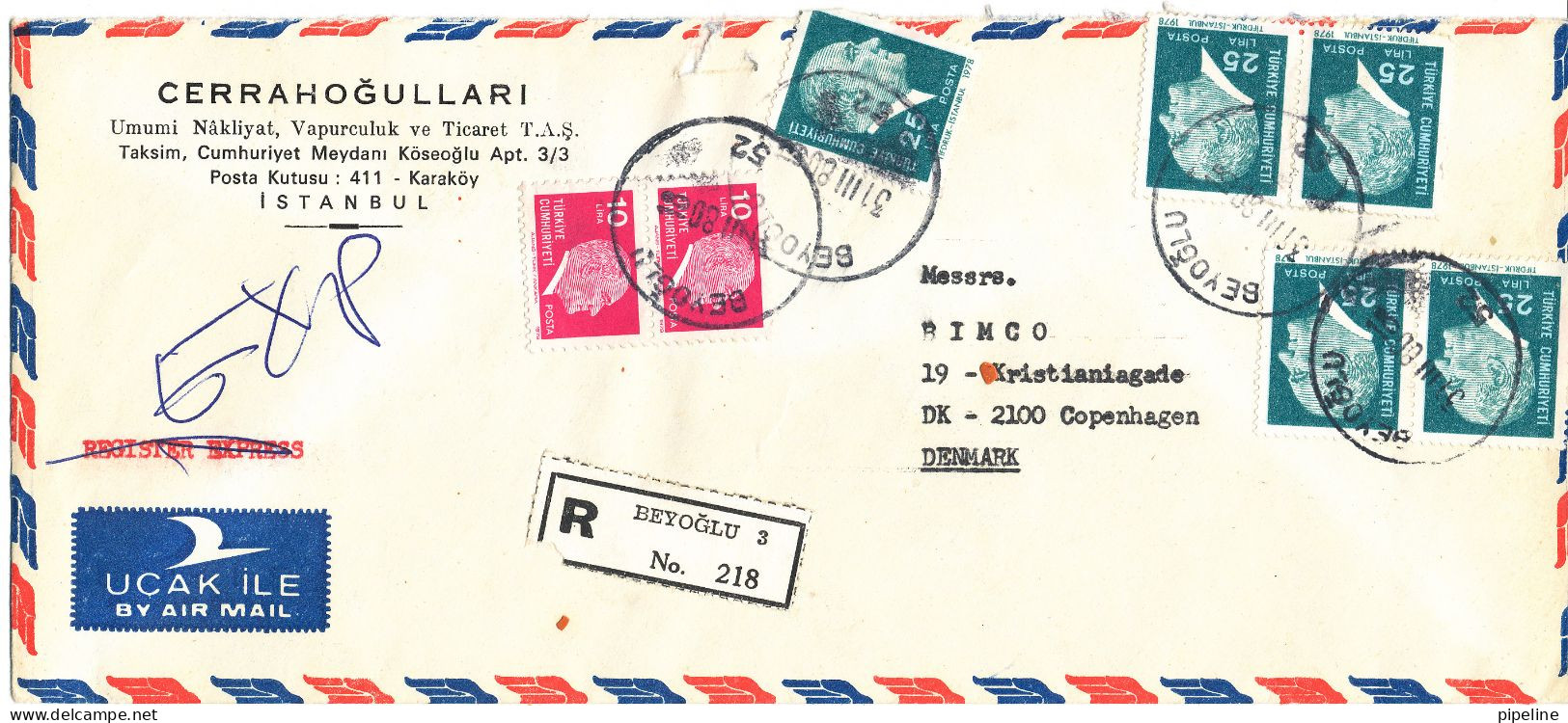 Turkey Registered Air Mail Cover Sent To Denmark Beyoglu 31-3-1980 - Airmail