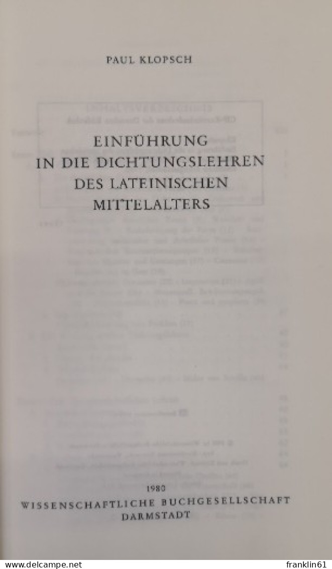 Einführung In Die Dichtungslehren Des Lateinischen Mittelalters. - Otros & Sin Clasificación