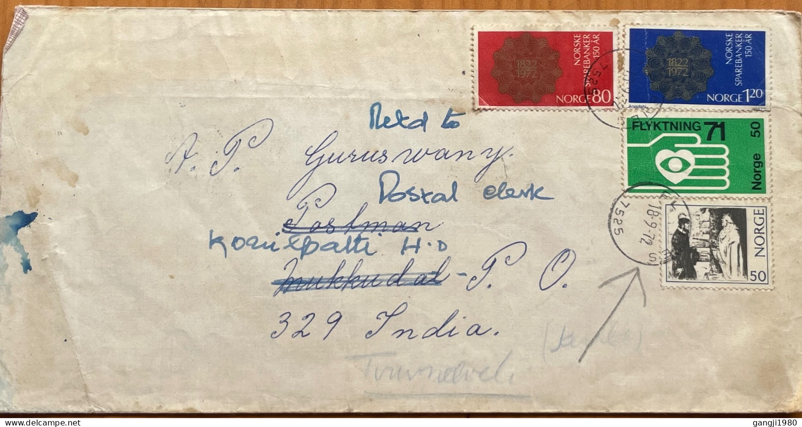 NORWAY TO INDIA1972, COVER POSTAL CODE INCLUDE, SAVING BANK, HELPING HAND, PREACHER & KING, FLOKENES, MUKKUDAL & KOATIP - Lettres & Documents