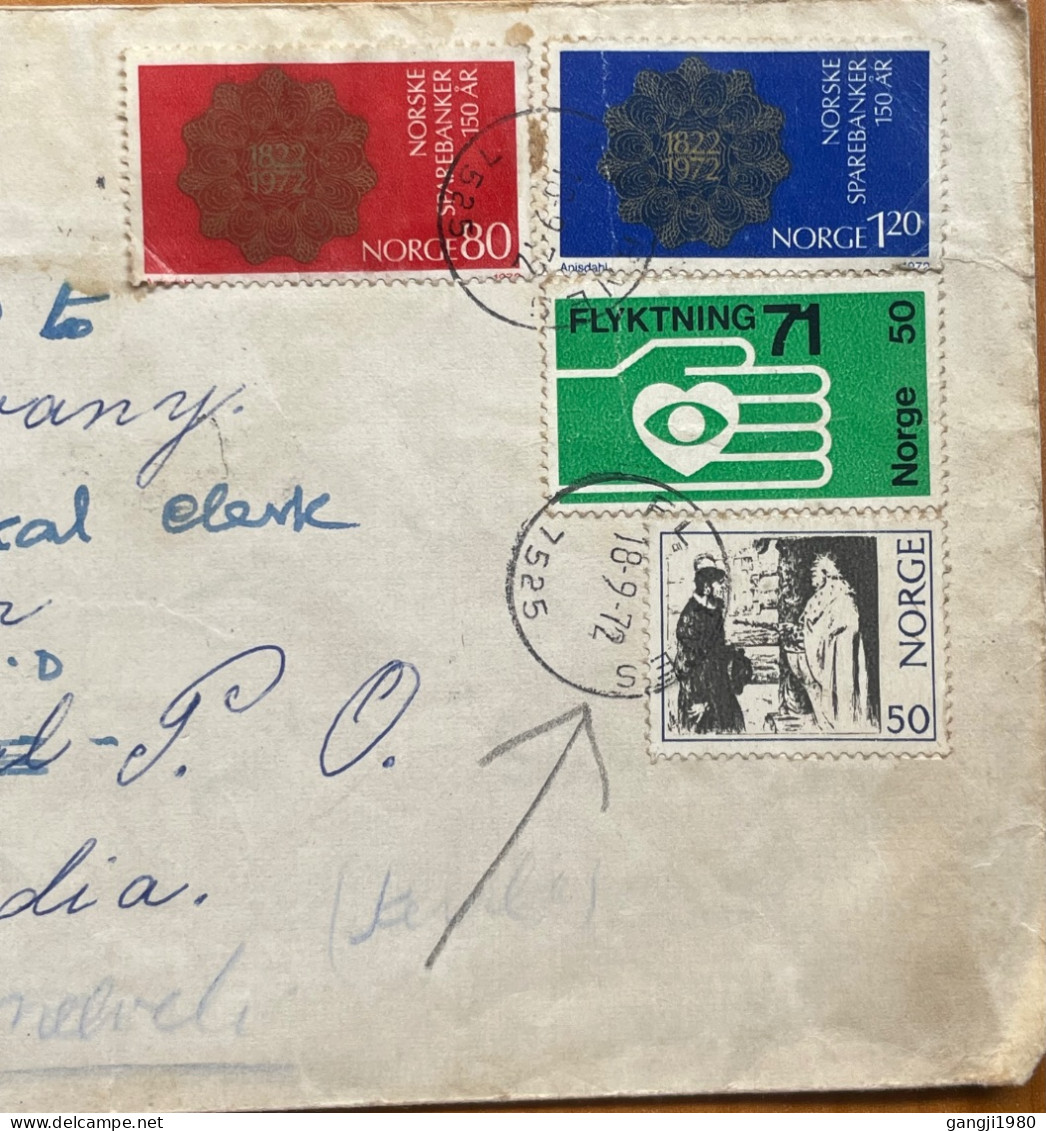 NORWAY TO INDIA1972, COVER POSTAL CODE INCLUDE, SAVING BANK, HELPING HAND, PREACHER & KING, FLOKENES, MUKKUDAL & KOATIP - Cartas & Documentos