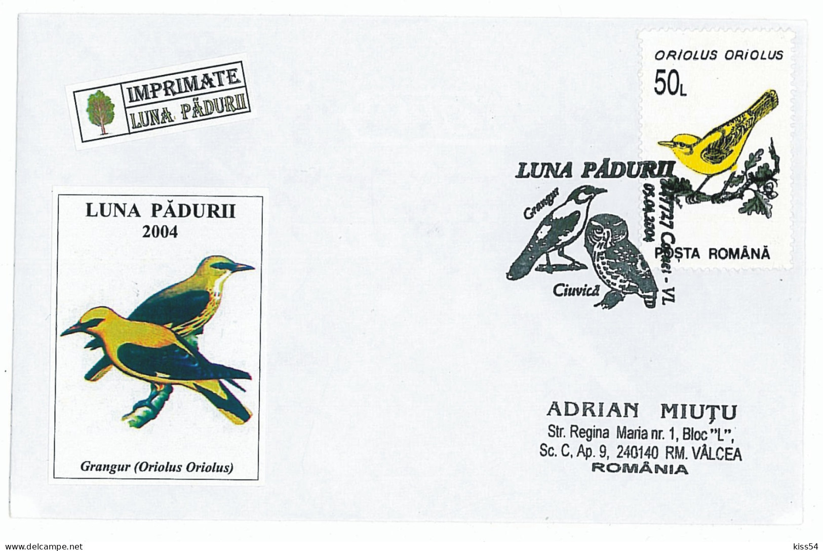 COV 993 - 589 Bird ORIOLE, Romania - Cover - Used - 2004 - Piciformes (pájaros Carpinteros)