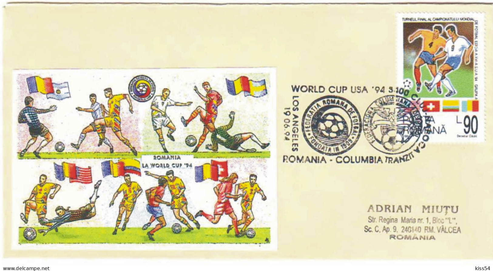 COV 993 - 113 FOOTBALL World Cup Los Angeles, ROMANIA_COLUMBIA, Romania - Cover - Used - 1994 - 1994 – USA