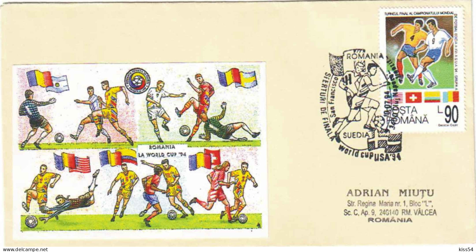 COV 993 - 111 FOOTBALL World Cup Los Angeles, ROMANIA-SWEDEN, Romania - Cover - Used - 1994 - 1994 – Estados Unidos