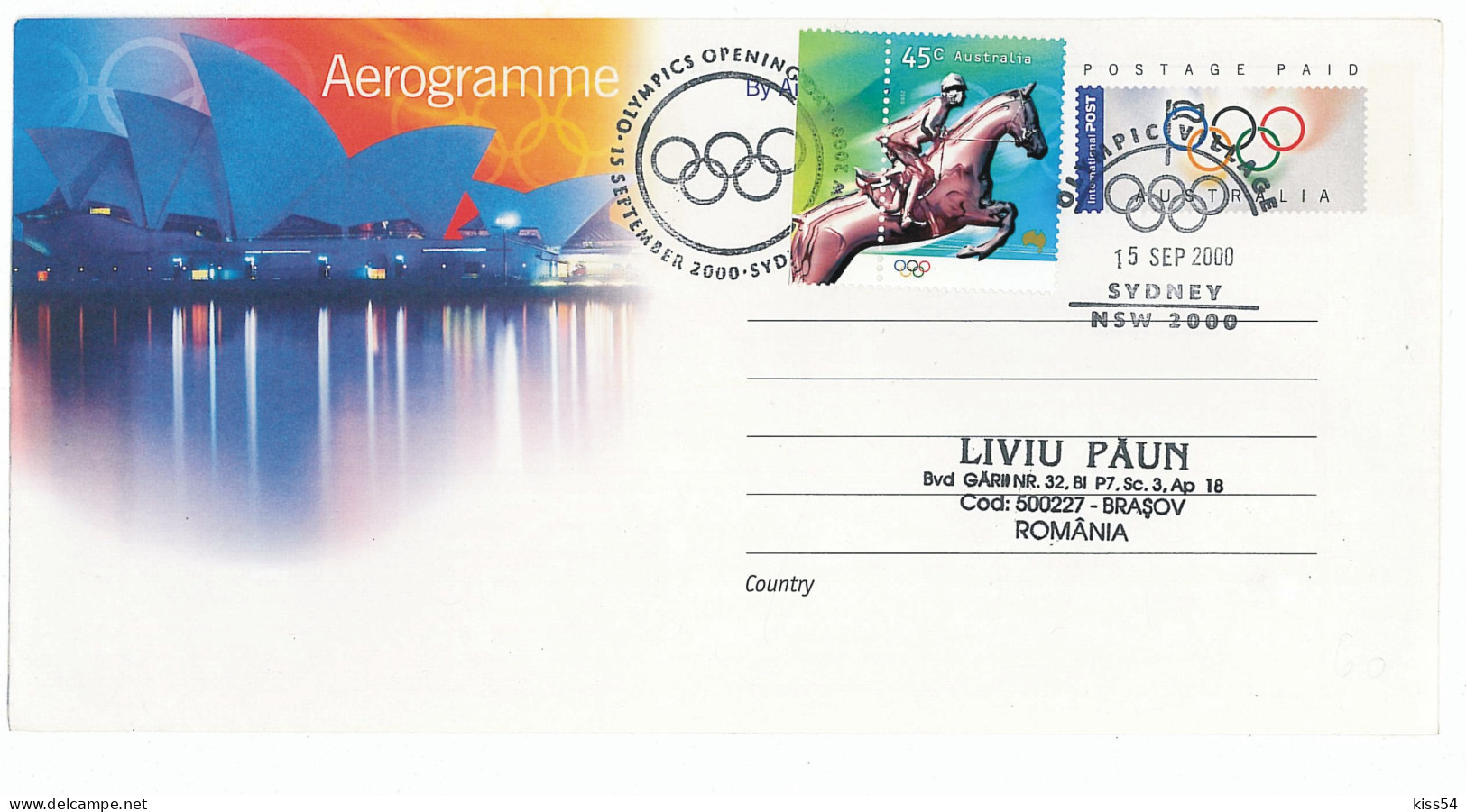 COV 993 - 1090 Horse Riding, Olimpic Games SYDNEY, Romania - Cover Aerogramme - Used - 2000 - Zomer 2000: Sydney