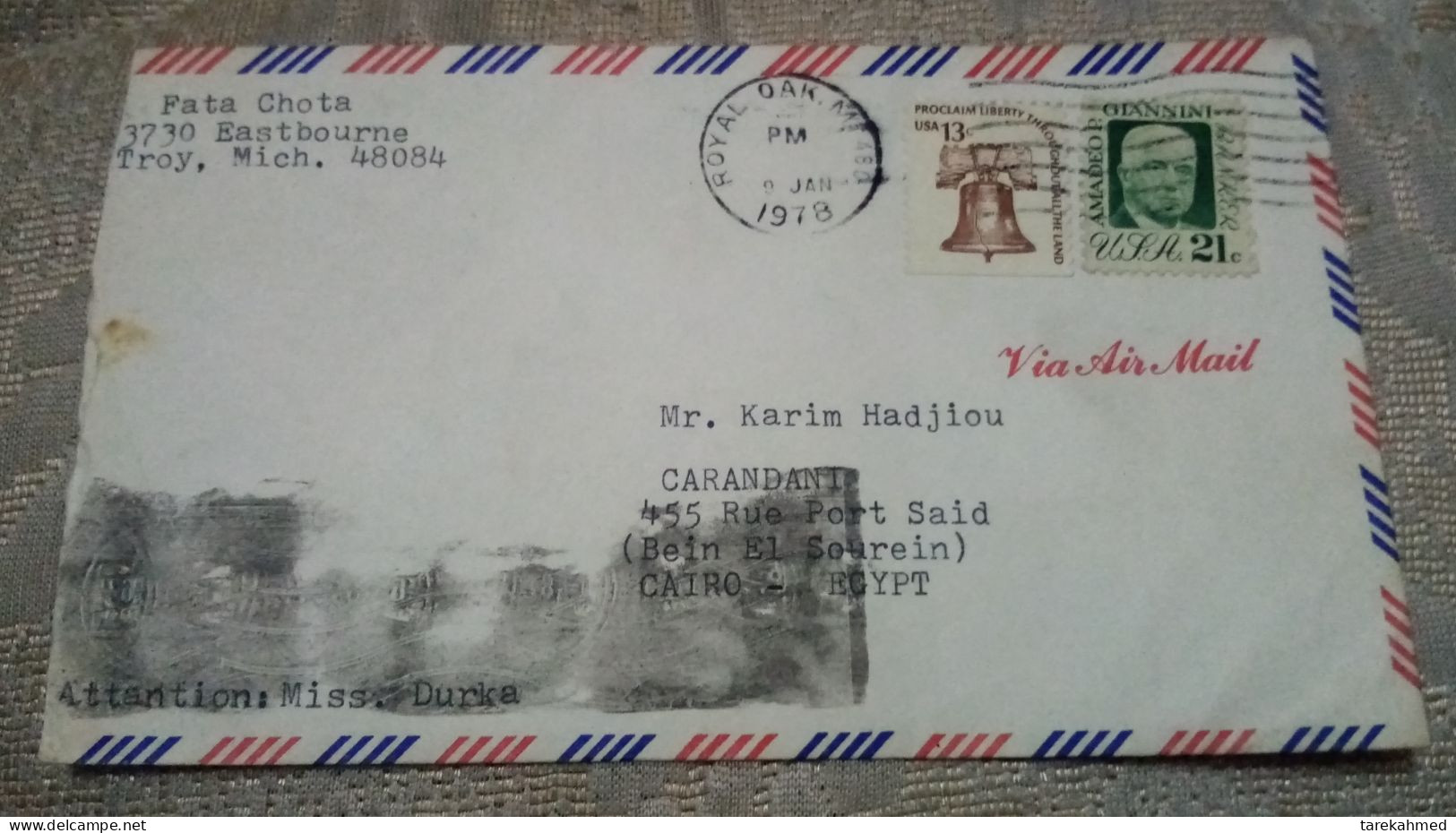 Egypt 1978, An Airmail Cover Sent To Cairo From Royal Oak (small Town In The US) - Brieven En Documenten