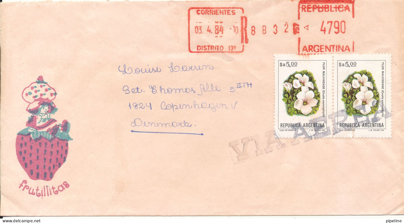 Argentina Registered Cover With Meter Cancel And Stamps Sent To Denmark 3-4-1984 - Briefe U. Dokumente