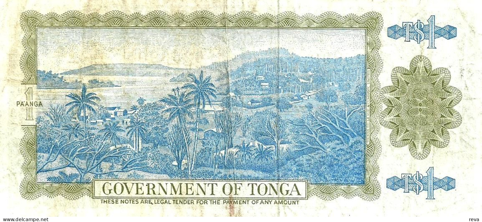 TONGA 1 PA'ANGA  GREEN KING PORTRAIT FRONT PALM TREES LANDSCAPE BACK DATED 03-06-1974 P.? VF READ DESCRIPTION - Tonga