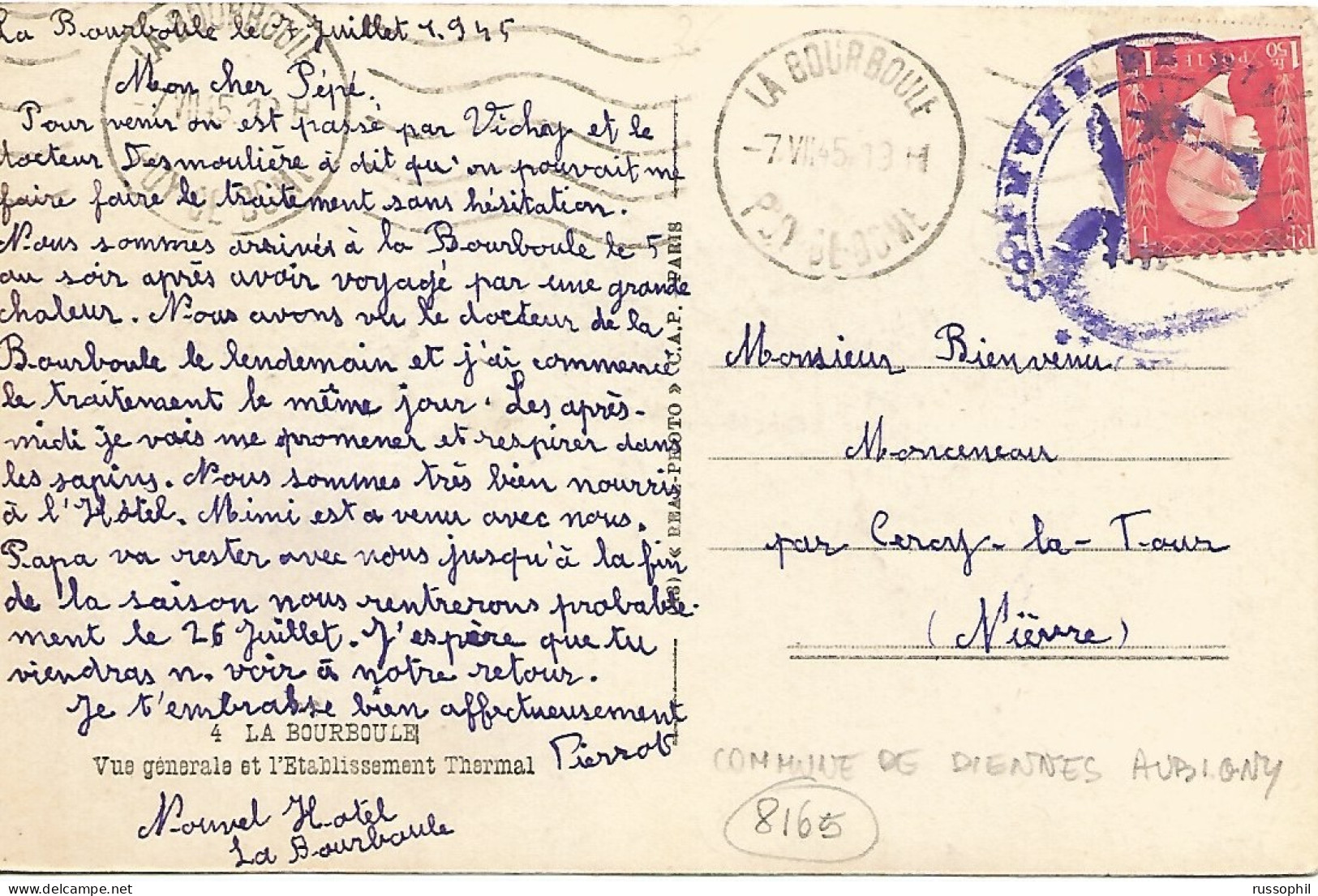 FRANCE - VARIETY &  CURIOSITY - Yv. #691 ALONE ON PC - STAMP OF THE TOWN HALL OF DIENNES (58) AS ARRIVAL MARK - 1945  - Storia Postale