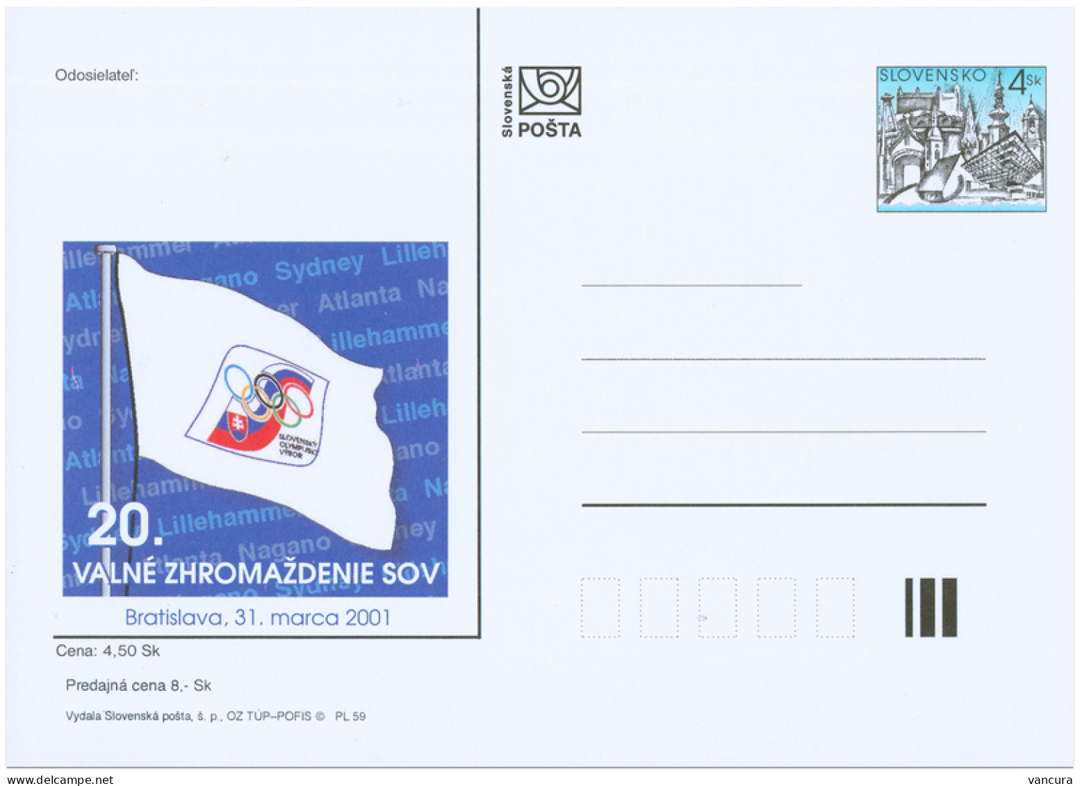 CDV 61 Slovakia Slovak 20th General Assembly Slovak Olympic Commitee 2001 - Postales