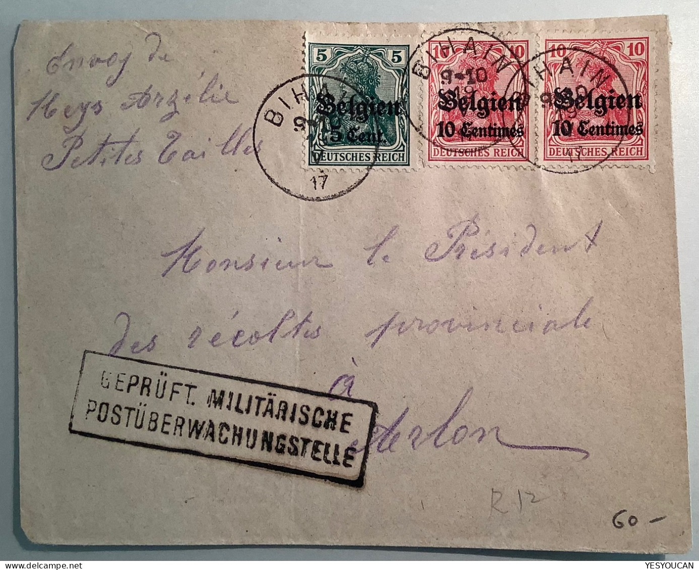 BIHAIN 1917 (Petites-Tailles, Prov.Luxembourg) Lettre Germania/Belgien Censure/Zensur(Deutsche Besetzung Brief V2 Guerre - OC1/25 Gouvernement Général