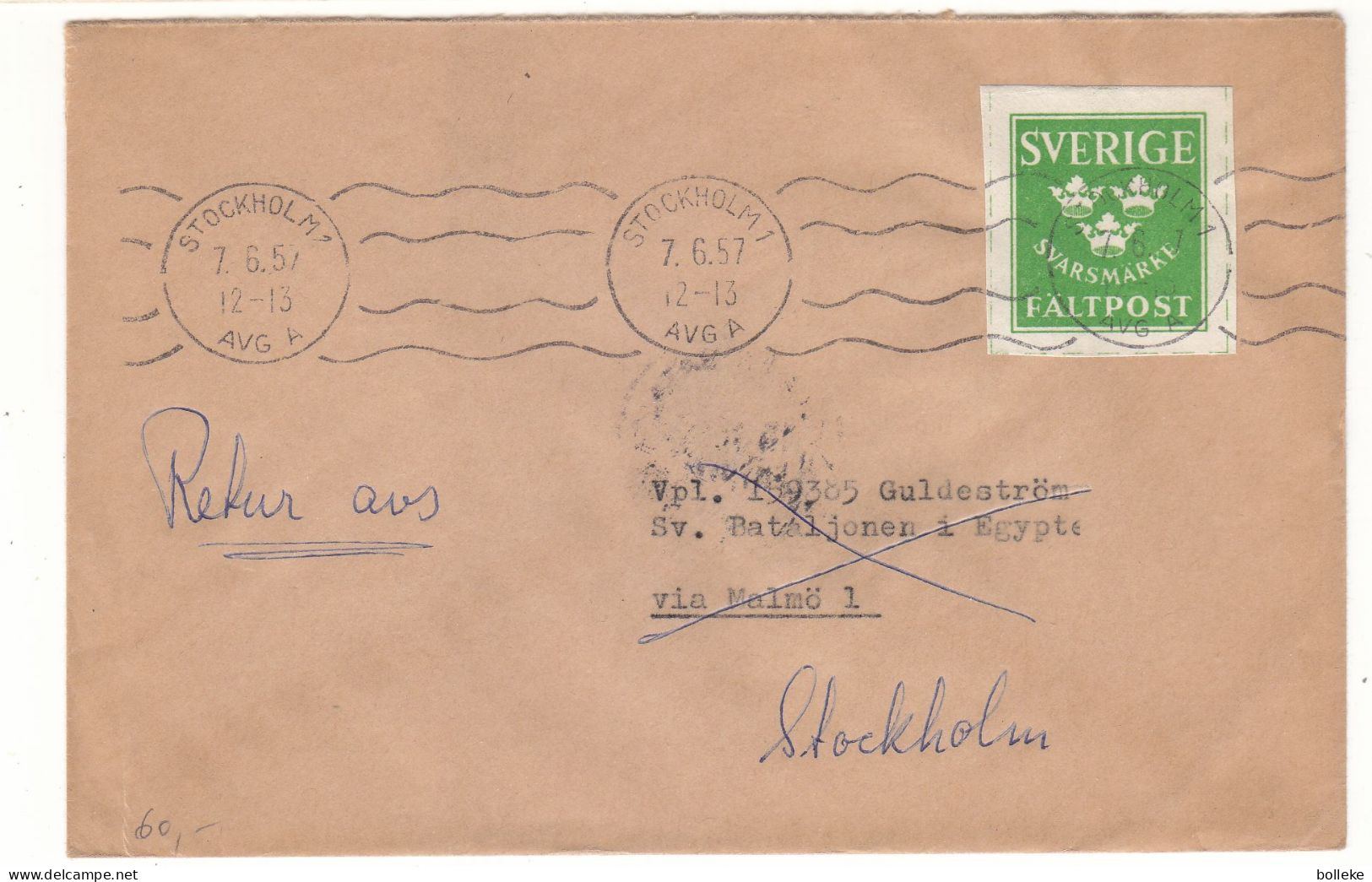 Suède - Lettre Militaire De 1957 - Oblit Stockholm - Exp Vers L'Egypte - Cachet Bataillon FN Suédois - - Militärmarken
