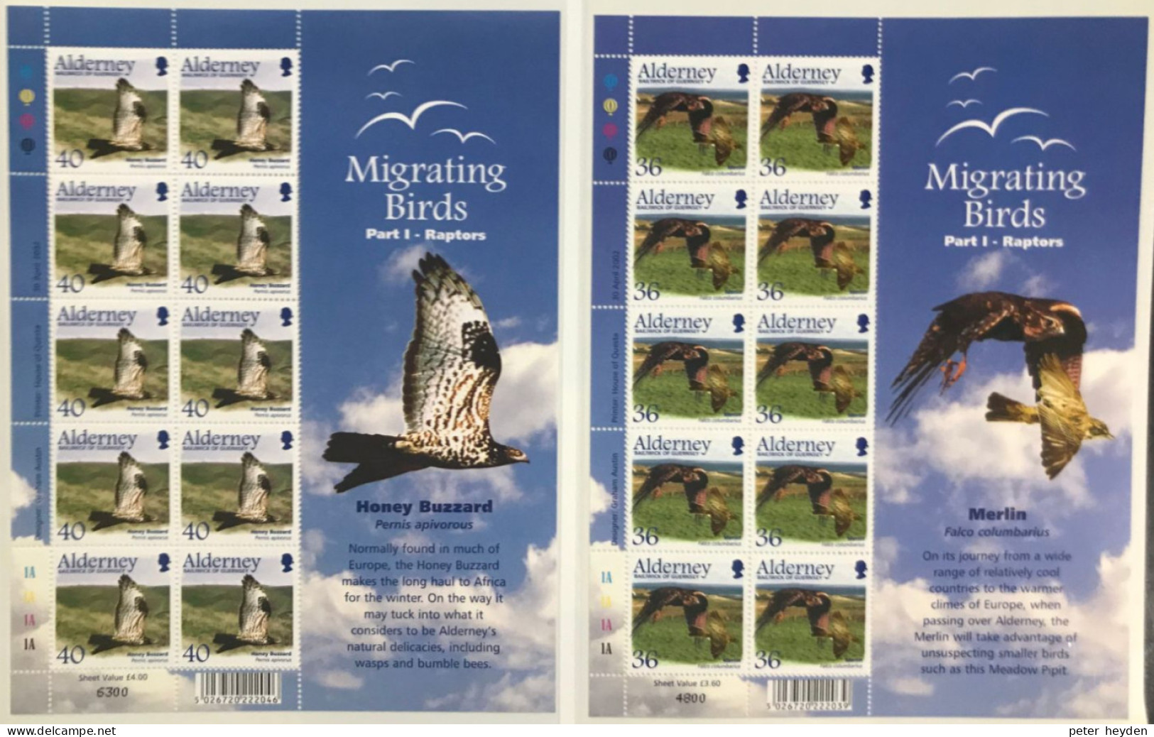 Alderney 2002 Migrating Birds 1 Raptors ~ MNH 6 Sheetlets ~ Falcon, Merlin, Buzzard - Alderney