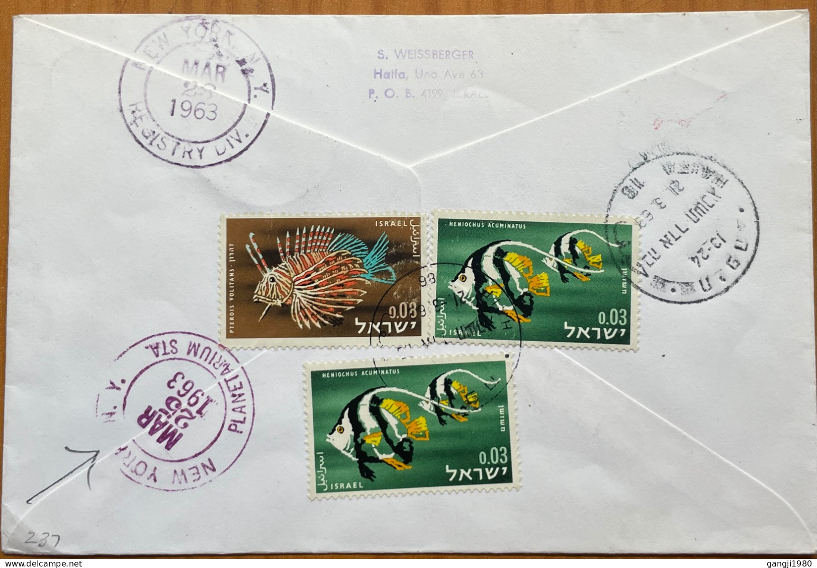 ISRAEL 1963, REGISTER COVER,  USED TO USA,  BIRD IN HAND, RED SEA FISH, 4 STAMP, HAIFA & NEW YORK CITY CANCEL - Andere & Zonder Classificatie