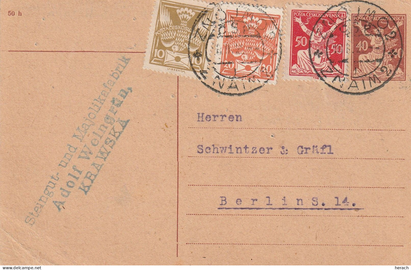 Tchécoslovaquie Entier Postal Pour L'Allemagne 1922 - Postales