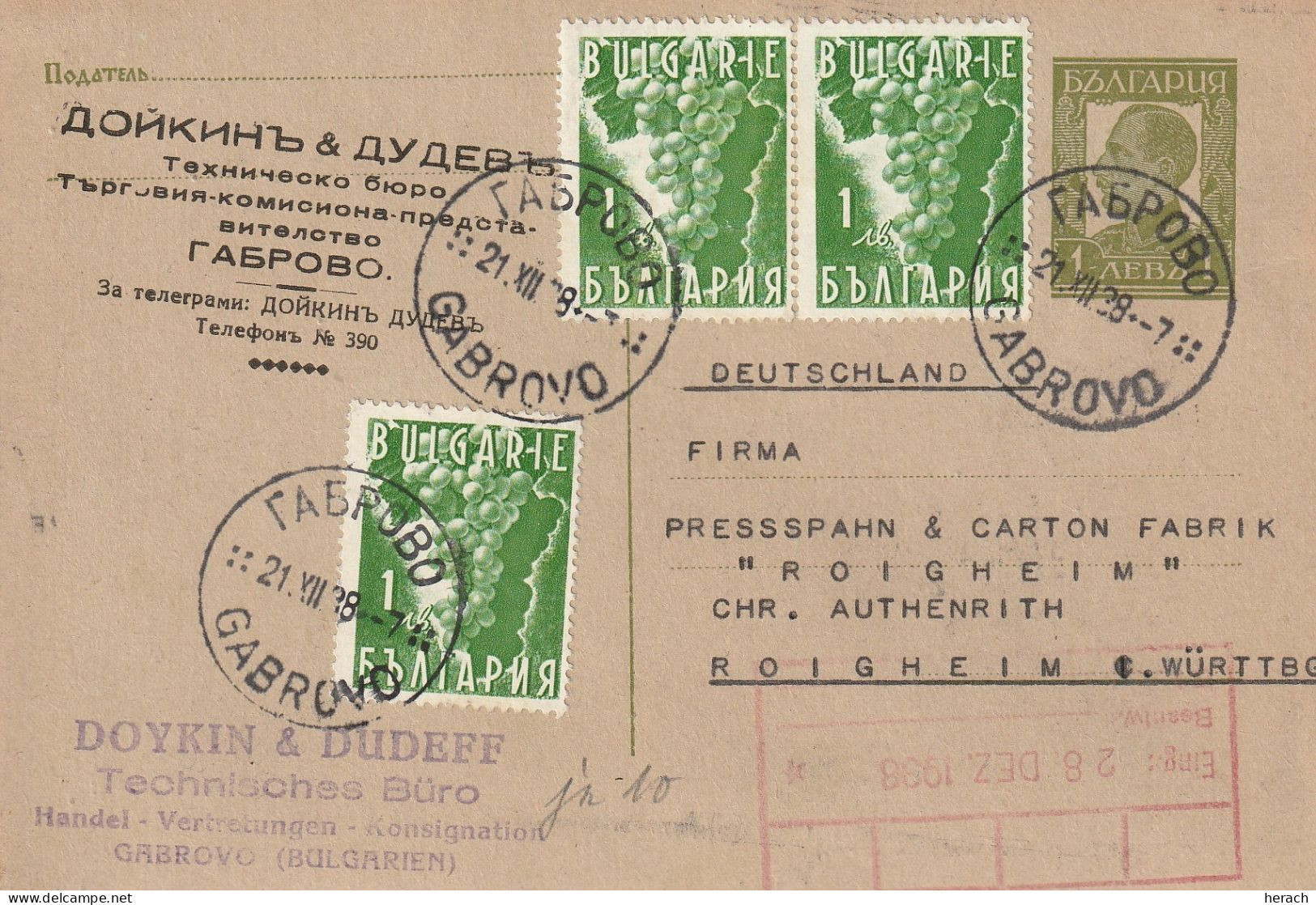 Bulgarie Entier Postal Pour L'Allemagne 1938 - Ansichtskarten