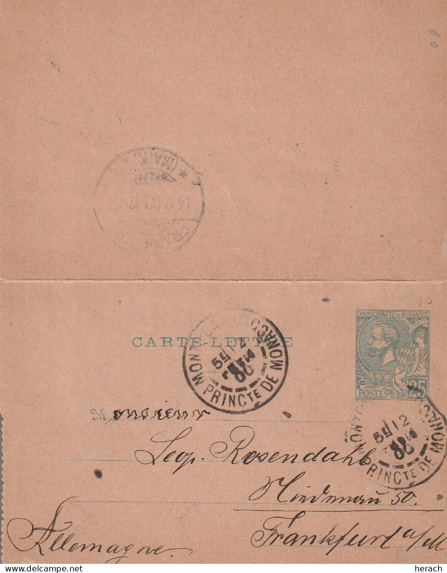 Monaco Entier Postal Carte Lettre Pour L'Allemagne 1900 - Postwaardestukken