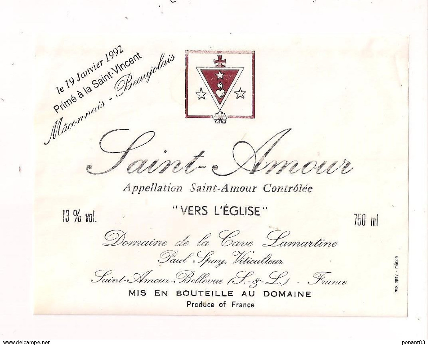 Etiquette Décollée Saint-Amour- "Vers L'Eglise " - Primé à La St Vincent 1992 - Paul Spay Domaine De La Cave Lamartine - - Beaujolais