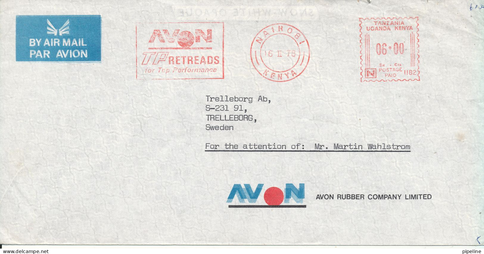 Tanzania Uganda Kenya Air Mail Cover With Meter Cancel Nairobi 16-2-1976 Sent To Sweden - Kenya, Oeganda & Tanzania