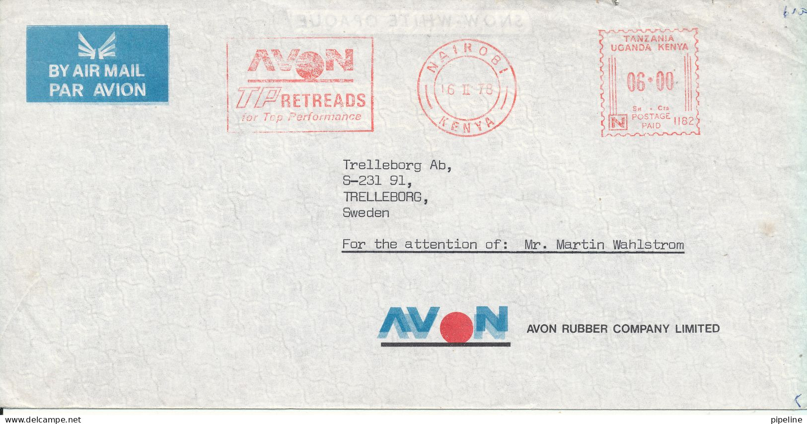 Tanzania Uganda Kenya Air Mail Cover With Meter Cancel Nairobi 16-2-1976 Sent To Sweden - Kenya, Uganda & Tanzania