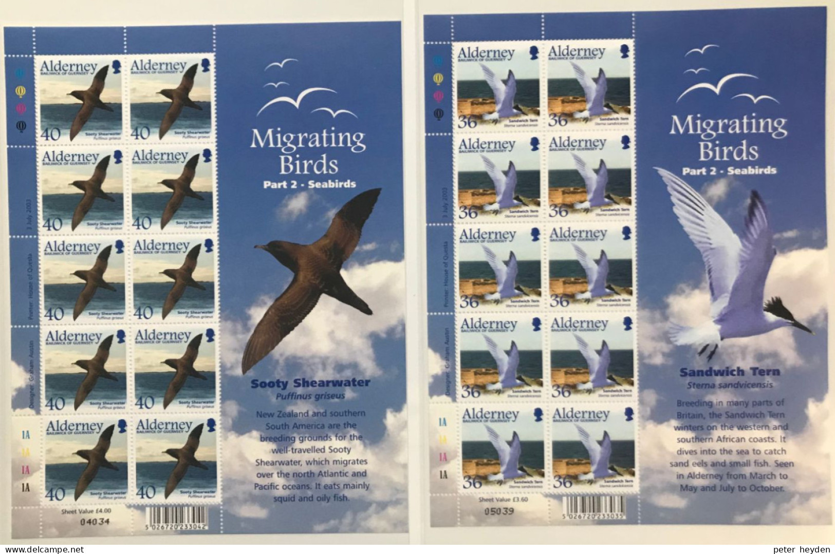 Alderney 2003 Migrating Birds 2 Seabirds~ MNH 6 Sheetlets ~ Tern, Skua, Shearwater - Alderney