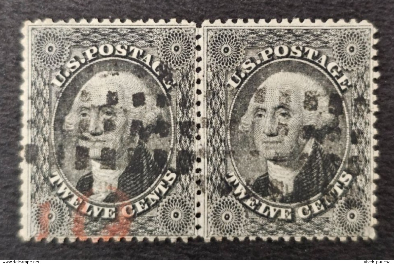 1857 US 12¢ Black Washington PAIR F/VF Scott #36 - Nuovi