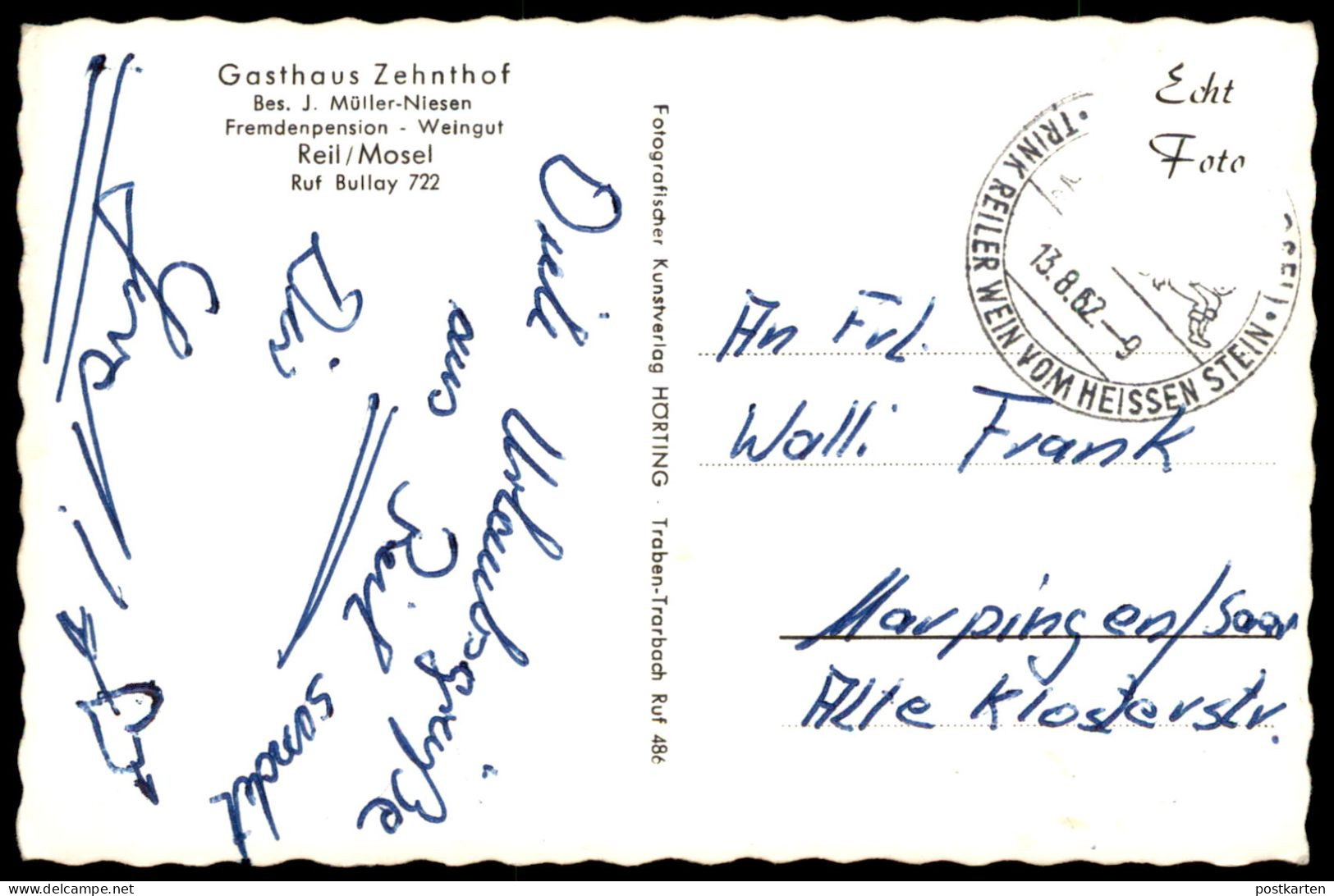 ÄLTERE POSTKARTE GASTHAUS ZEHNTHOF REIL AN DER MOSEL BESITZER J. MÜLLER-NIESEN WEINGUT RUF BULLAY SELEKTA SPIELAUTOMAT - Traben-Trarbach