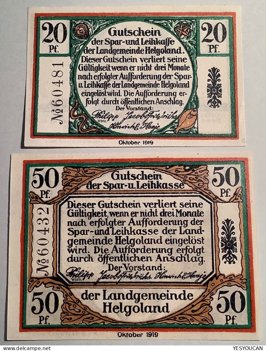 Helgoland Oktober 1919 Nicht Häufige 20pf+50pf Notgeld Scheine UNC (Notgeldschein Deutschland Deutsches Reich Heligoland - Lokale Ausgaben