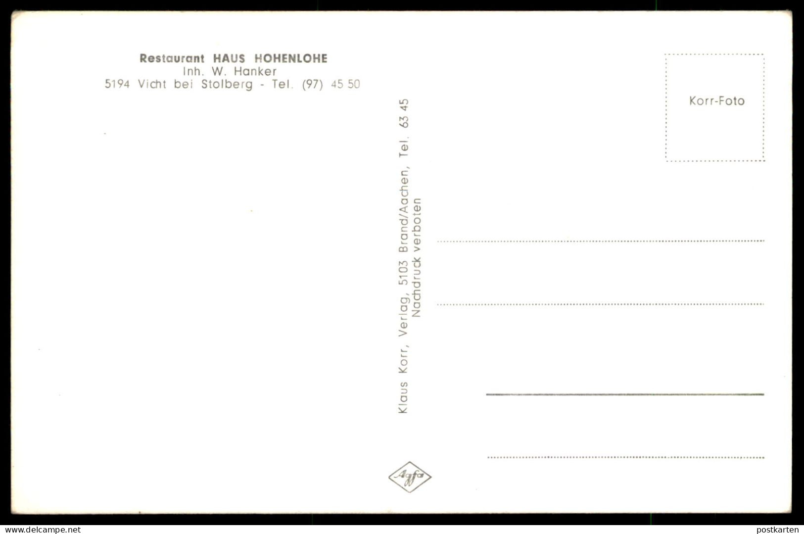 ÄLTERE POSTKARTE VICHT BEI STOLBERG RESTAURANT HAUS HOHENLOHE INHABER W. HANKER VW KÄFER VOLKSWAGEN AK Cpa Postcard - Stolberg