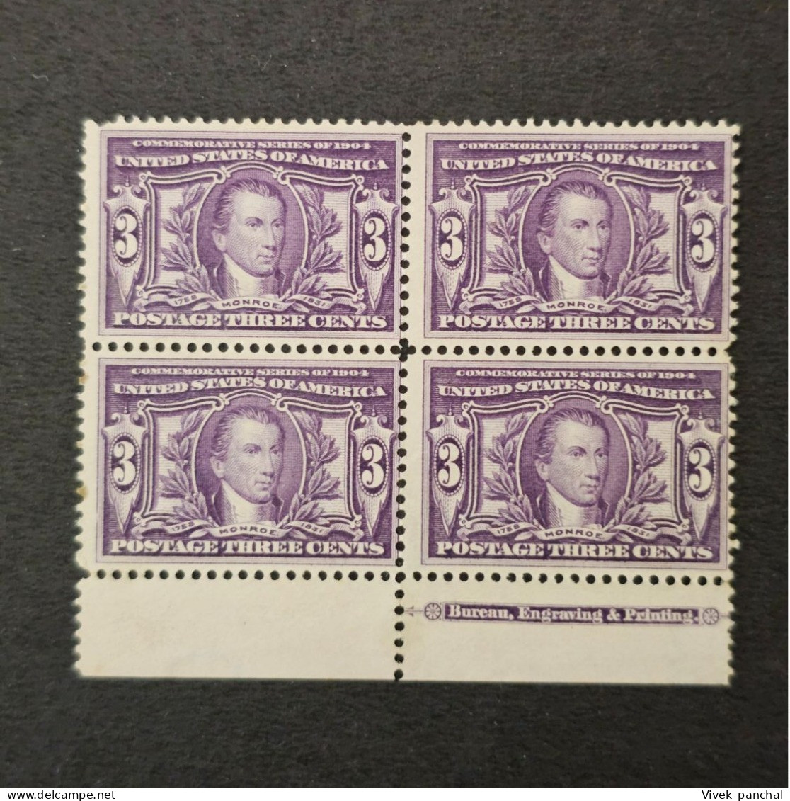 1904 United States 3c Violet Lower Side Block Of 4 LH/VF Small Part OG SC#325 - Neufs