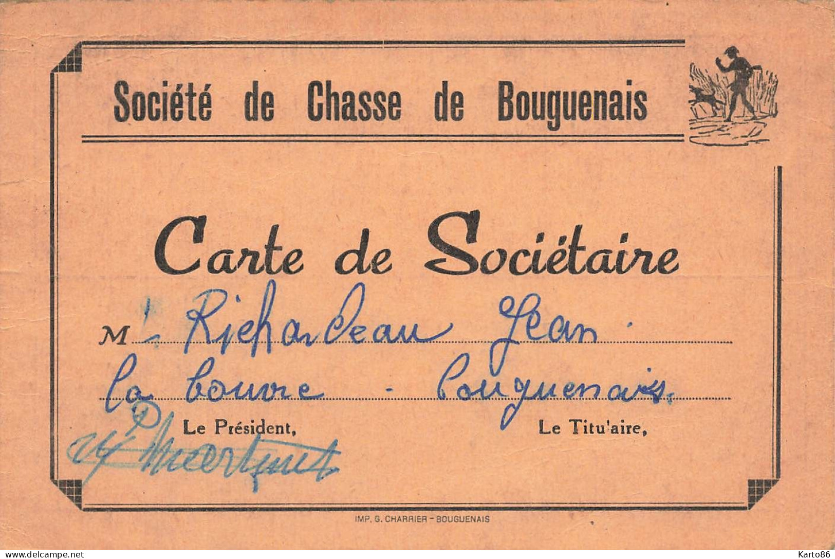 Bouguenais * Société De Chasse De Bouguenais , Carte De Sociétaire RICHARDEAU Jean + Cachets * Chasseur - Bouguenais