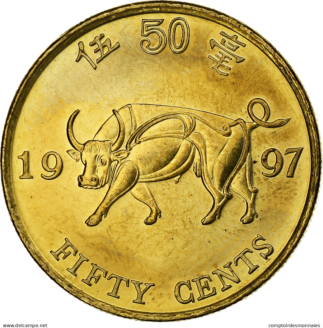 Hong Kong, 50 Cents, 1997, Brass Plated Steel, SPL, KM:74 - Hong Kong