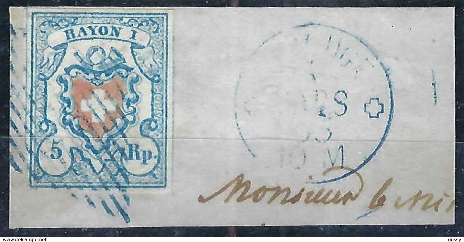 SUISSE Ca.1851: Le ZNr. 17 II, Obl. Grille Et CAD "Carouge" Bleus Sur Fragment, Forte Cote - 1843-1852 Federal & Cantonal Stamps