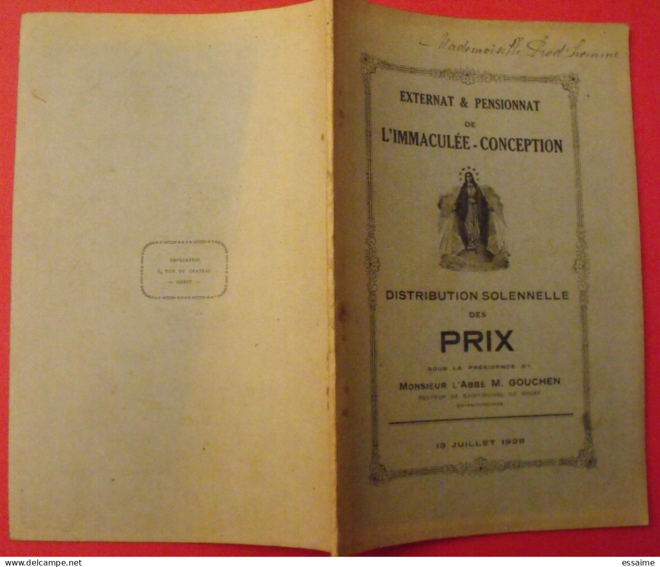 Distribution Solennelle Des Prix 19 Juillet 1928. Immaculé-Conception Brest Bretagne - Bretagne