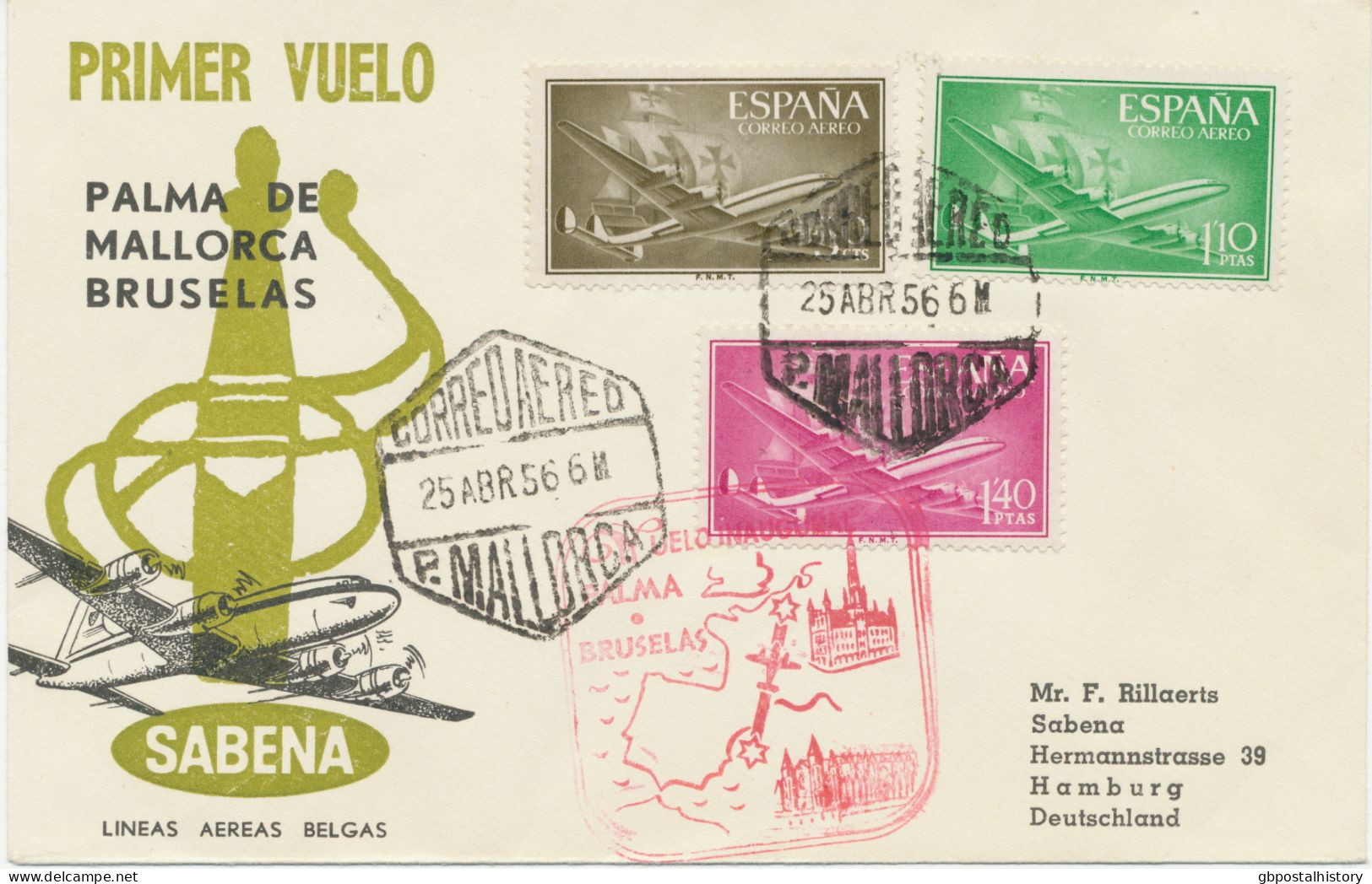 SPANIEN 1956, Seltene Erstflug Sabena „PALMA DE MALLORCA - BRÜSSEL“ Mit Anschlußflug Nach HAMBURG (SABENA – Existierte - Storia Postale