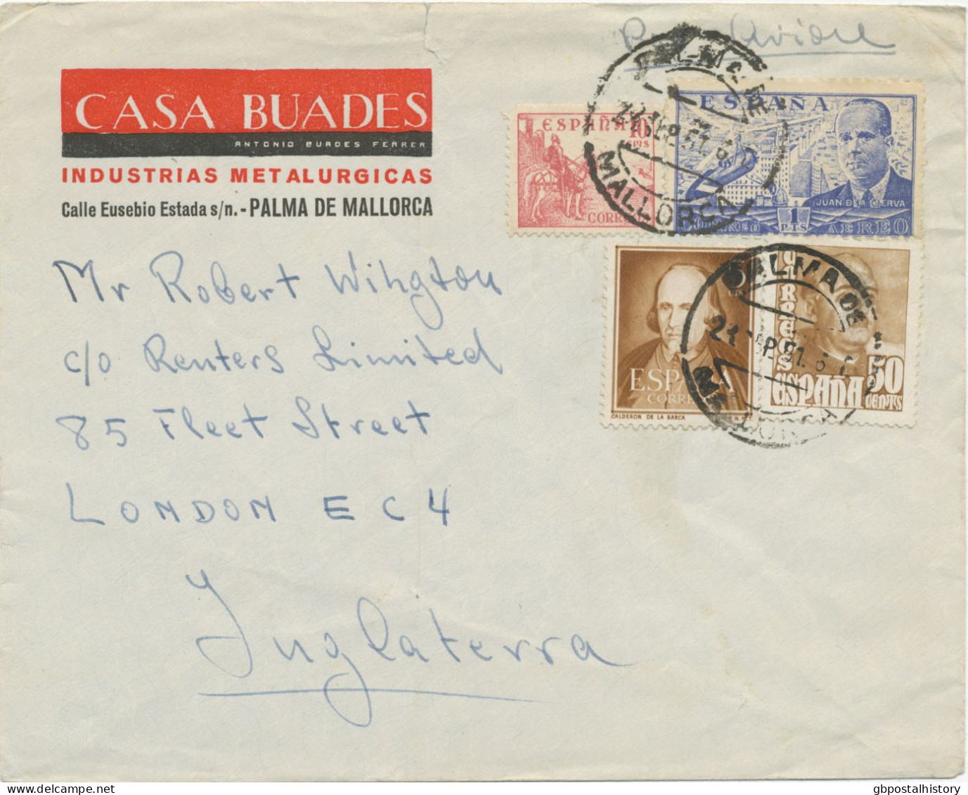 SPANIEN 1957 Franco U.a. Int. MiF A. Flugpostbrief (oben Einriss – Dort Senkrecht Gefaltet) „PALMA DE MALLORCA – LONDON" - Storia Postale