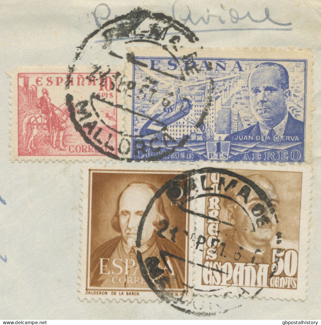 SPANIEN 1957 Franco U.a. Int. MiF A. Flugpostbrief (oben Einriss – Dort Senkrecht Gefaltet) „PALMA DE MALLORCA – LONDON" - Covers & Documents