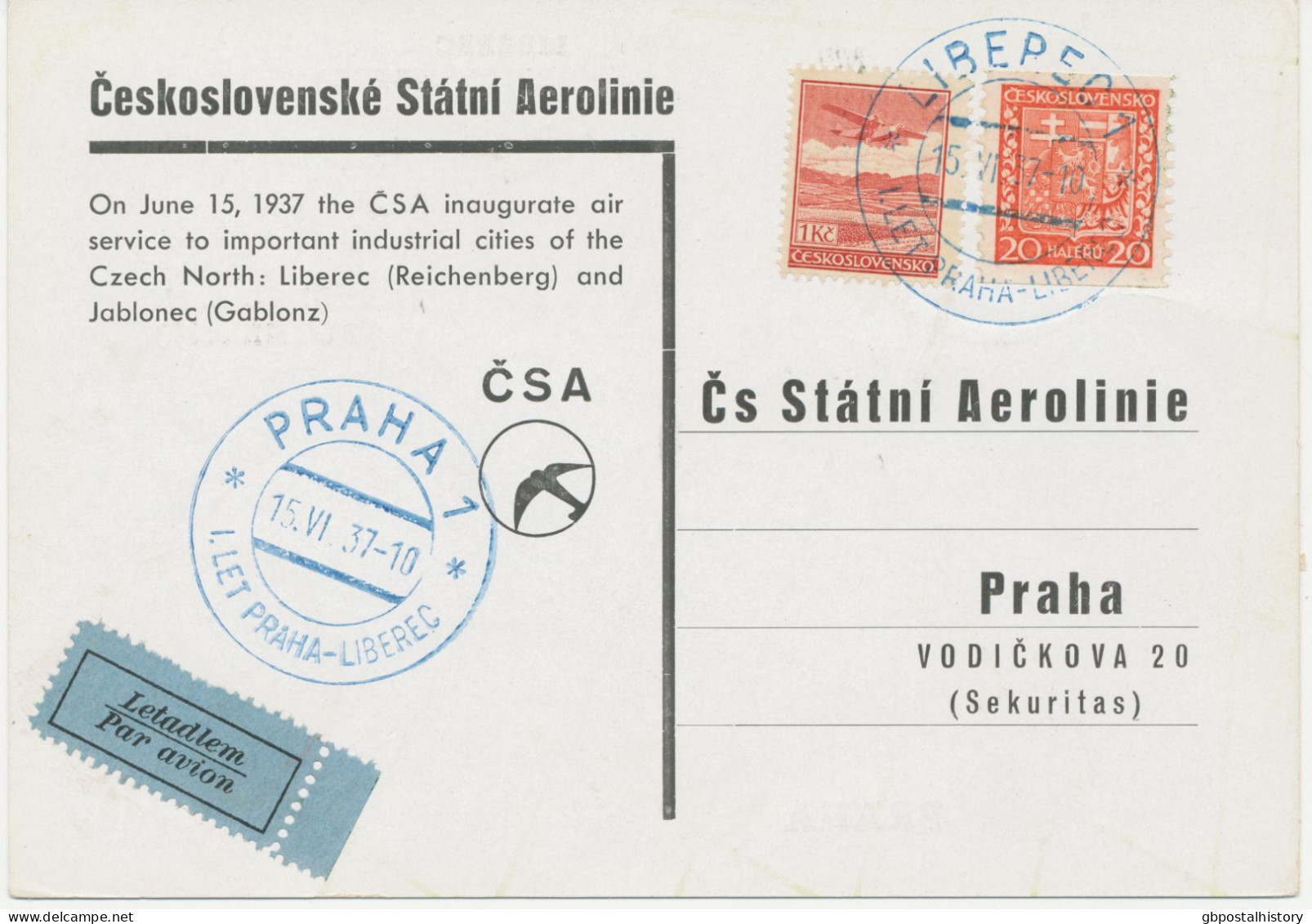 TSCHECHOSLOWAKEI 15.6.1937, Kab.-Erstflug CSA „LIBEREC (REICHENBERG) – PRAG“ - Posta Aerea