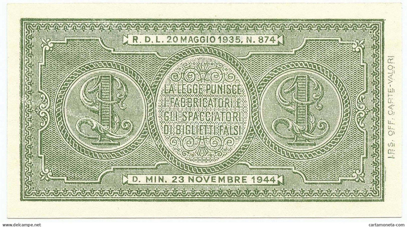 1 LIRA BIGLIETTO DI STATO LUOGOTENENZA UMBERTO BOLAFFI 23/11/1944 FDS - Regno D'Italia – Autres