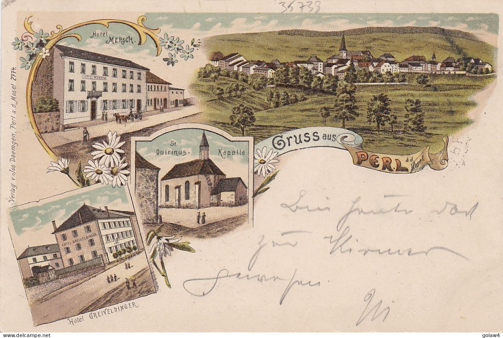 35738# GRUSS AUS PERL MOSEL HOTEL MERSCH ST QUIRINUS KAPELLE HOTEL GREIVELDINGER 1900 METZ GIESSEN ZUG 121 BAHNPOST SAAR - Kreis Merzig-Wadern