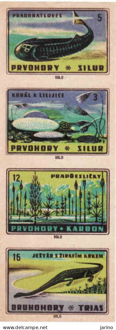 Czechoslovakia - Czechia 4 Matchbox Labels - First Mountains, Mesozoic, Coral, Lizard - Boites D'allumettes - Etiquettes