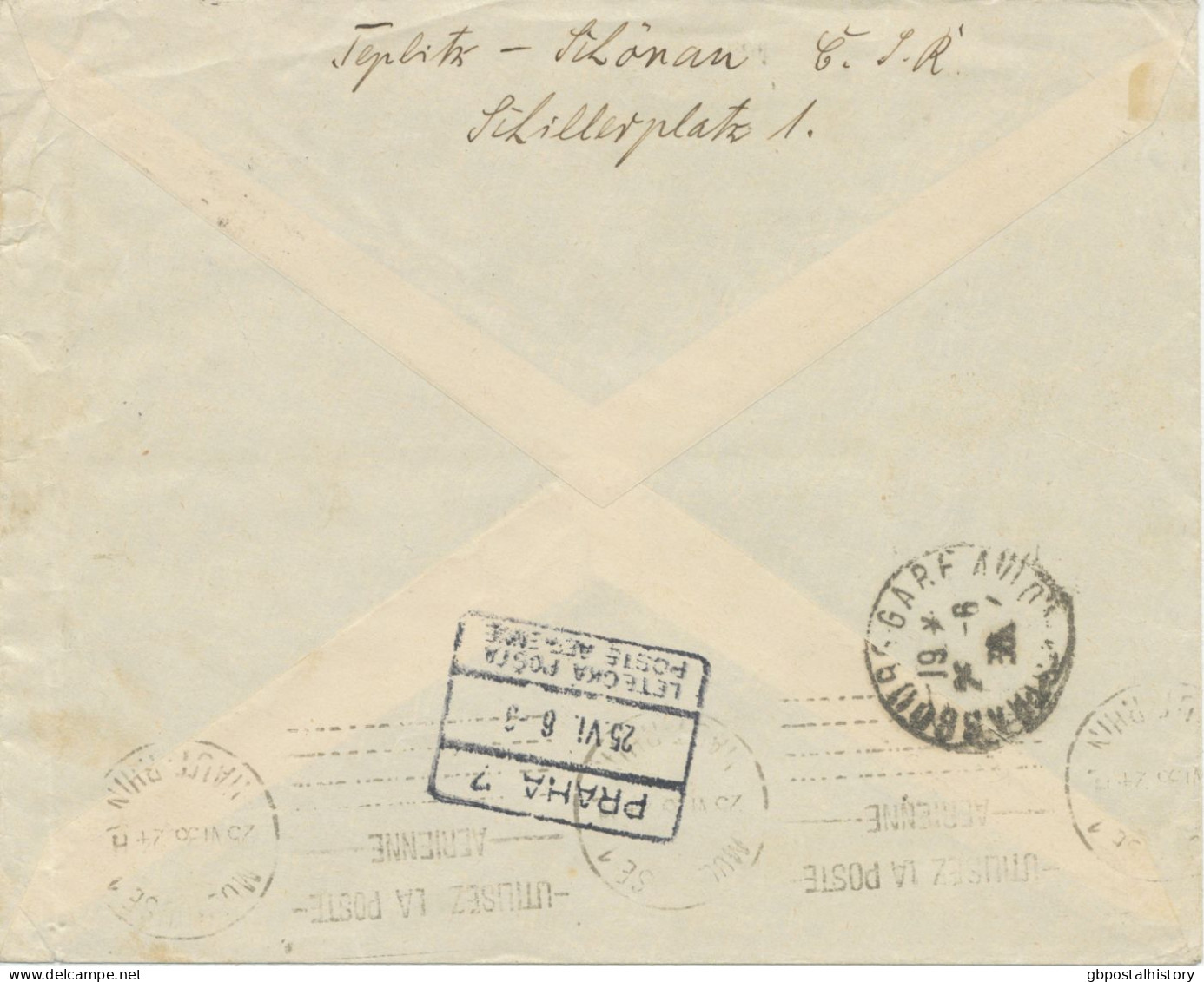 TSCHECHOSLOWAKEI 1936, Flugpostmarken 0,50 Und 3 Kcs Int. MiF M. K2 „TEPLICE-SANOT / TEPLITZ-SCHÖNAU“ A. Flugpostbrief - Luftpost