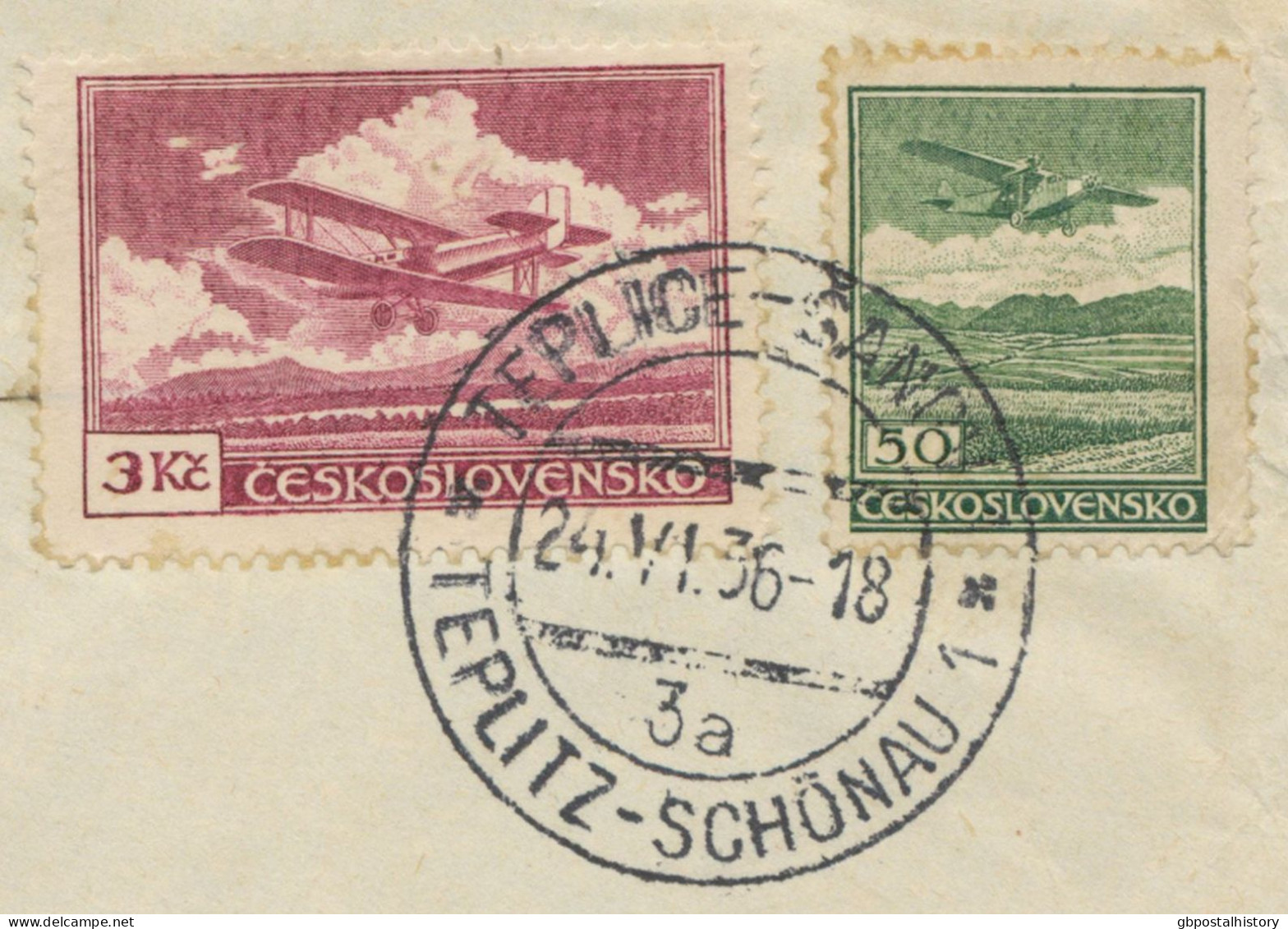 TSCHECHOSLOWAKEI 1936, Flugpostmarken 0,50 Und 3 Kcs Int. MiF M. K2 „TEPLICE-SANOT / TEPLITZ-SCHÖNAU“ A. Flugpostbrief - Airmail