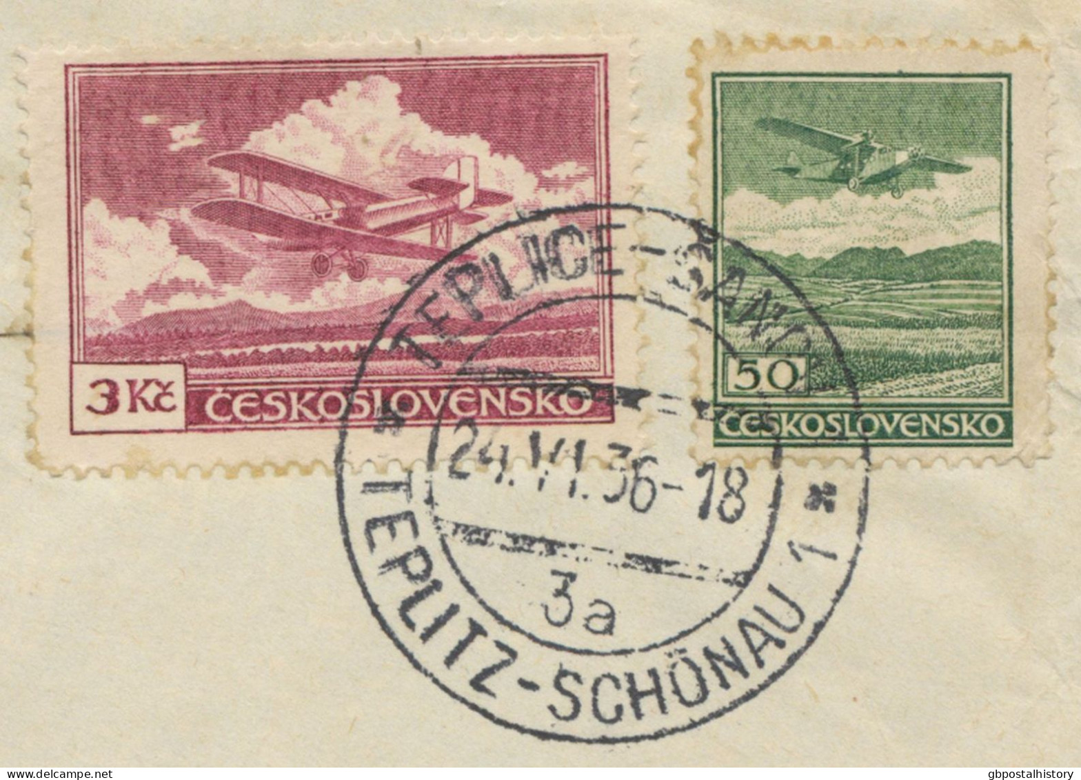 TSCHECHOSLOWAKEI 1936, Flugpostmarken 0,50 Und 3 Kcs Int. MiF M. K2 „TEPLICE-SANOT / TEPLITZ-SCHÖNAU“ A. Flugpostbrief - Poste Aérienne