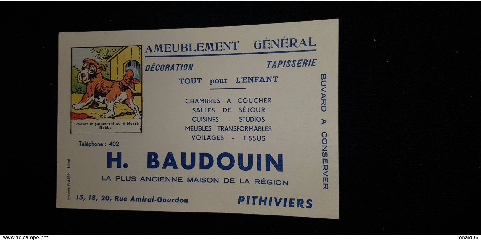 BUVARD Ameublement Général Décoration Tapisserie Etb H BAUDOUIN Rue Amiral Gourdon PITHIVIERS  Illustration Chien Bobby - A