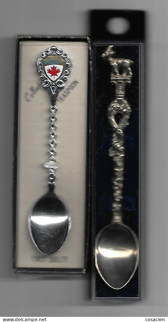 Lot De 2 Petites Cuillères En Métal Argenté Avec Un Blason Pour Le Canada Chutes Du Niagara Et Un Chamois Pour L'autre - Spoons