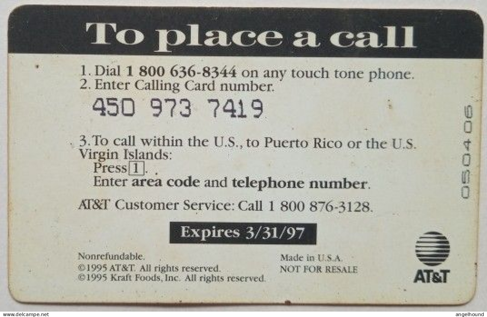 USA 10 Minutes Free Calling Card - General Foods International Coffees - AT&T