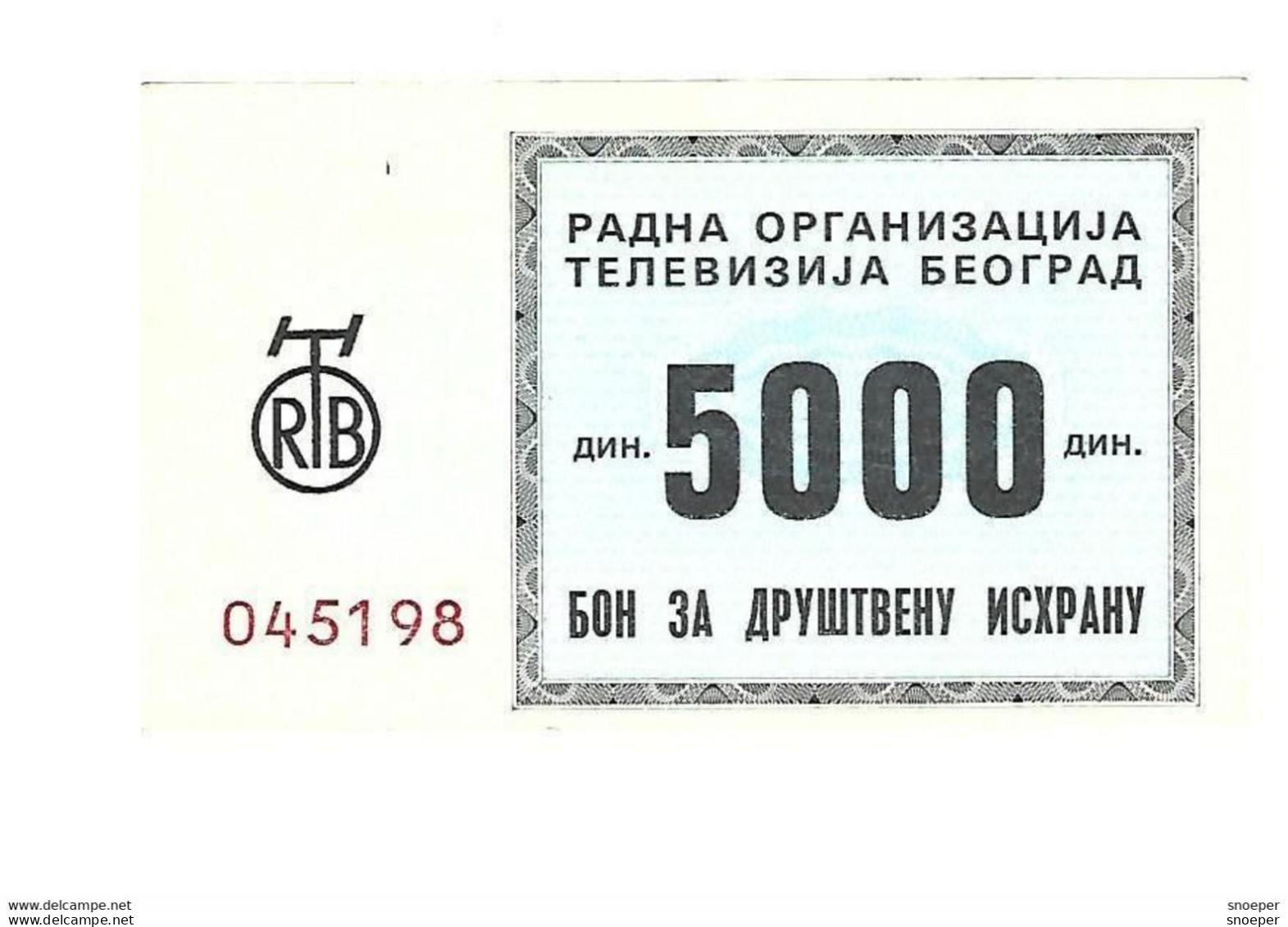 *serbia Beograd Radio & Tv Foodbon 5000 Dinara  S35b  Unc - Serbien